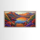 Lake Sunset, Desert, Mountains, Framed Canvas Print, colorful landscape wall decor, boho living room art, nature lovers gift