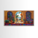 Archway Ocean, Tropical, Framed Canvas Print, Colorful tropical patio view through arch, Mexican coastal decor, Dining Wall Art