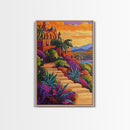 Sunset Mexico, Colorful, Travel, Framed Canvas Print vibrant coastal villa painting, colorful sunset art, Mediterranean boho travel vibes