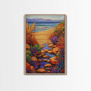 Path Ocean, Flowers, Shoreline, Framed Canvas Print, Bright coastal landscape, colorful wildflower path, Bathroom or Entryway Wall Art