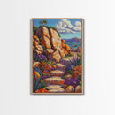 Rocky Pathway, Flowers, Framed Canvas Print, Vibrant Desert Trail Art, Colorful Landscape Wall Decor, Boho Living Room Wall Art
