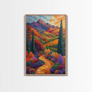 Colorful Mountain, Pathway, Autumn, Framed Canvas Print, Vibrant Fall Landscape Art, Boho Living Room Decor, Nature Wall Painting
