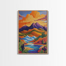 Sunset River, Mountain, Scenic, Framed Canvas Print, Bold Landscape Art, Modern Boho Wall Decor, Nature Scene Living Room Accent