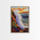 Wave Splash, Cliffside, Sunset, Framed Canvas Print, Bold Ocean Wall Art, Coastal Living Room Decor, Vibrant Beach Seascape Painting