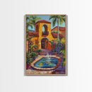 Spanish Fountain, Courtyard, Tropical, Framed Canvas Print, Vibrant Summer Wall Art, Hacienda Living Room Decor, Eclectic Boho Style