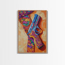 Bold Gun Art, Floral Pistol, Vibrant Western, Pop Art, Framed Canvas Print, Man Cave Wall Art, boho western decor, edgy wall art