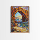 Ocean Arch, Wave Drama, Cliff Coast, Sunset Light, Framed Canvas Print, Living Room Wall Art, Coastal Landscape, Nature Inspired Art