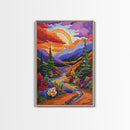 Rainbow Over Mountains, Sunset Pine Forest, Vibrant Landscape, Framed Canvas Print, Kids Room Art, Uplifting Boho Style Wall Decor