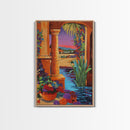 Desert Garden View, Vibrant Sunset Patio, Mexican Courtyard Scene, Framed Canvas Print, Colorful Patio Art, Kitchen Wall Art, Boho Decor