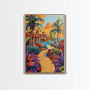 Coastal Village Path, Sunset Vibes, Tropical Getaway, Bright Colors, Framed Canvas Print, Coastal Wall Art, Living Room Decor, Boho Art