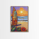Surfboard Sunset, Ocean View, Floral Beach, Boho Style, Framed Canvas Print, beach lover gift, tropical home decor, coastal living wall art