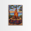 Firepit Sunset, Lake, Campfire, Framed Canvas Print lakeside bonfire painting, cozy outdoor scene, Fall cottage decor, family room wall art