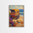 Wagon Ocean, Boho, Beach Scene With Hat Art, Framed Canvas Print, Eclectic Living Room Wall Art, Summer Coastal Decor, Vibrant Colors