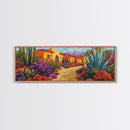 Desert Garden, Adobe Home, Cactus Pathway, Colorful Southwest, Framed Canvas Print, Kitchen Wall Art, Boho Western Decor, Vibrant Desert Scene