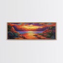 Rocky Sunset, Tranquil Cove, Mountain Glow, Ocean Calm, Framed Canvas Print, vivid sunset art, nature escape, living room decor