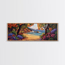 Secluded Beach Painting, Colorful Coastal Trees, Tropical Shoreline View, Framed Canvas Print, Relaxing Bathroom Art, Boho Bedroom