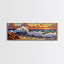 Vibrant Wave Break, Sunset Beach Art, Ocean Surf Decor, Modern Seascape Accent, Living Room Wall, Framed Canvas Print