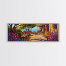 Garden Patio, Seaside Escape, Bright Cottage, Floral Path, Framed Canvas Print, Summer Porch Art, Kitchen Courtyard Painting