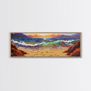 Sunset Shore View, Vibrant Ocean Wave, Footprints in Sand, Coastal Seascape Art, Framed Canvas Print, Beach House Wall Decor
