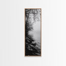 Lakeside Mist, Rocky Shoreline, Tranquil Forest, Framed Canvas Print, Peaceful woodland wall art, Fall neutral decor, Nature themed office print