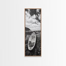 Surfboard Still, Rocky Shore, Beach Vibes, Framed Canvas Print, Coastal Bathroom Wall Art, Minimalist Beach Decor, Summer Style