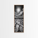 Cracked Earth, Sunburst Sky, Natural Texture, Desert Landscape, Framed Canvas Print, Rustic Decor, Earth Tone Art, Office Wall Art