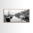 Fishing Boats Docked, Quiet Harbor Scene, Nautical River View, Framed Canvas Print, Kitchen Wall Art, Rustic Coastal Decor, Lodge Wall Art
