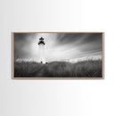 Lighthouse Grass, Seaside Tower, Stormy Sky, Black White, Framed Canvas Print, Beach Bathroom Art, Minimalist Decor, Nautical Print