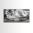 Tropical Coast, Palm Beach, Island View, Cloudy Sky, Framed Canvas Print, Coastal Living Room Art, Beach Wall Decor, Summer Style