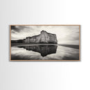 Cliff Reflection, Coastal Monolith, Seashore Beauty, Sunset Vibes, Framed Canvas Print, Living Room Art, Minimalist Beach Scene