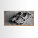 Moccasins in Sand, Rustic Footwear Art, Cultural Detail Photo, Framed Canvas Print, Boho Entryway Wall Decor, Western Minimalist