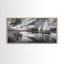 Sailboat Reflection, Tranquil River, Nautical Scene, Black White, Framed Canvas Print, Coastal Decor, Beach House Wall Art, Ocean Minimalism