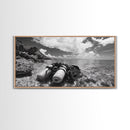 Dive Gear Shoreline, Ocean Exploration Scene, Black and White Adventure Art, Canvas Print, Nautical Decor, Man Cave Wall Art, Nautical Wall Art