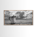 Seaside Coffee Pot, Oceanfront Still Life, Rustic Morning, Framed Canvas Print, Nautical Wall Art, Beach Kitchen Decor, Moody Nature Art