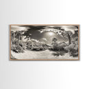 Desert Oasis, Palm Landscape, Nature Panorama, Framed Canvas Print, Tropical Wall Art, Living Room Decor, Boho Aesthetic, Sunlit Scene