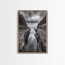 Rocky Waterway, Coastal Reflections, Dramatic Cloudscape, Ocean Nature Print, Framed Canvas Print, Bathroom Wall Art, Modern Rustic Style