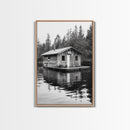 Floating Cabin, Lake House, Forest Reflection, Tranquil Waters, Framed Canvas Print, Bedroom Wall Art, Cabin Aesthetic, Rustic Nature Vibe