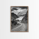 Coastal Road Curve, Rugged Cliff Path, Dramatic Seascape, Canvas Print, Office Wall Art, Monochrome Nature Art, Rustic Home Decor
