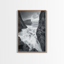Stormy Coast, Crashing Waves, Ocean Drama, Framed Canvas Print, Living Room Wall Art, Bold Seascape Photography, Monochrome Modern Art