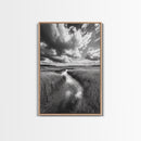 Marshland Stream, Dramatic Clouds, Nature Reflection, Canvas Print, Minimalist Landscape, Bathroom Art, Earthy Tones, Zen Mood