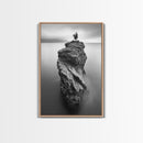Solitary Cliff Tree, Calm Waters, Moody Horizon, Framed Canvas Print, Minimalist Nature Wall Art, Office Wall Decor, Zen Art