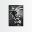 Rugged Sea Cliffs, Sunset Horizon, Serene Waters, Framed Canvas Print, Modern Nature Wall Art, Office Decor, Coastal Aesthetic