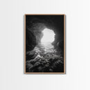 Sea Cave Entrance, Ocean Grotto, Light Escape, Rocky Tide, Canvas Print, Bathroom Wall Art, Black and White Seascape Photo
