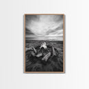 Coastal campfire glow, serene seaside bonfire, sunset flames, sandy warmth, Framed Canvas Print, Fall decor, cozy cabin wall art