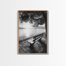 Peaceful Lake Bench, Tranquil Sunrise, Tree Shade View, Nature Serenity, Framed Canvas Print, Minimalist Art, Bedroom Wall Decor