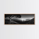 Coastal Night, Tree Silhouette, City Horizon, Framed Canvas Print, Moody Landscape Art, Modern Living Room Wall Decor