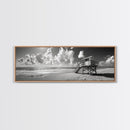 Lifeguard Tower Sky, Beach Scene Clouds, Surfside Minimalism, Framed Canvas Print, Bathroom Wall Art, Modern Coastal Decor