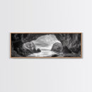 Sea Cave View, Coastal Rock Art, Monochrome Seascape, Framed Canvas Print, Bathroom Wall Art, Nature Photography, Moody Ocean Decor