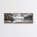 Misty Coastline, Dramatic Shore, Moody Ocean Scene, Framed Canvas Print, Coastal Living Room Art, Black and White Nature Decor