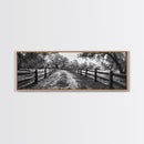 Tree Tunnel, Country Path, Fence Shadows, Framed Canvas Print, Black and White Nature Art, Rustic Wall Art, Autumn Entryway Decor